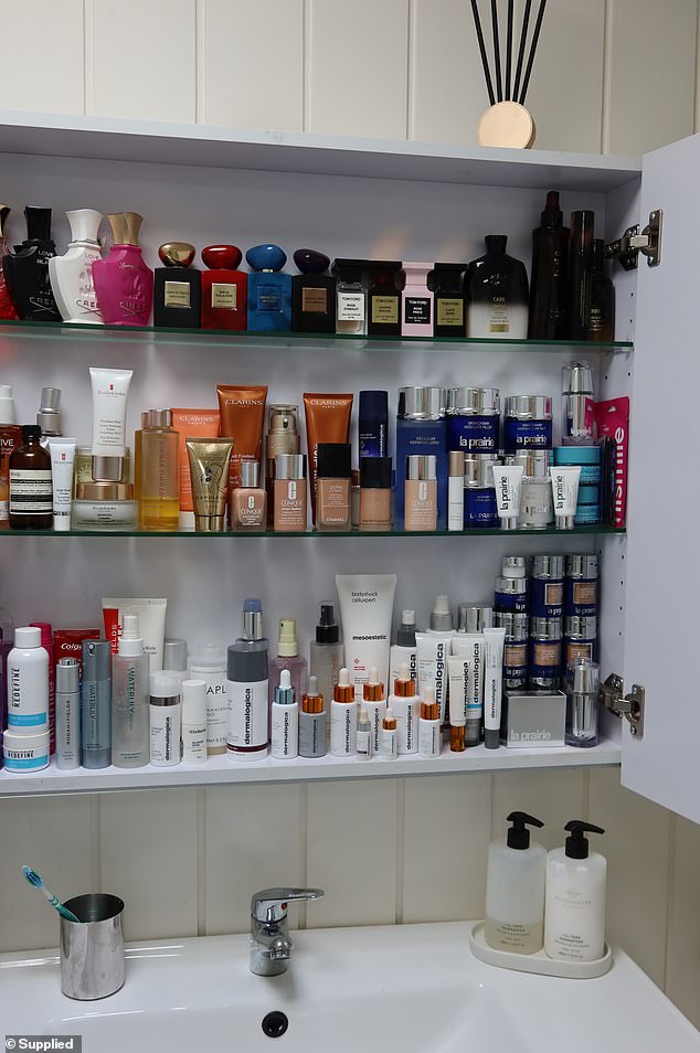 As for her skincare, Sharon has an extensive collection in her bathroom cupboard (pictured)