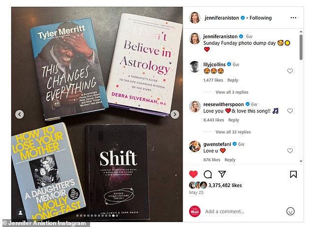 In May Aniston revealed she was reading Curtis' bestselling self-help book Shift