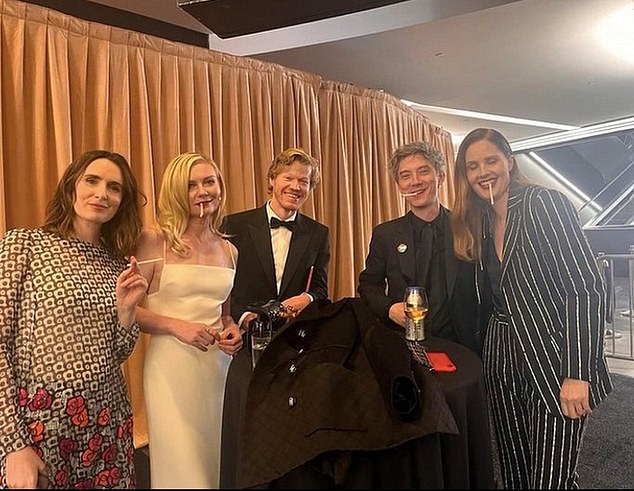 Kirsten Dunst , Jesse Plemons , Justine Triet, Swann Arlaud, and Sophie Mas backstage at the 2024 Academy Awards