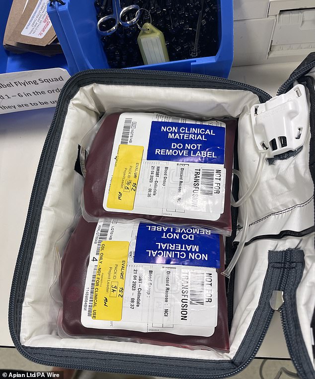The safety of drone blood transportation was tested last year when NHS Blood and Transplant (NHSBT) used Apian aircrafts to send 10 blood packs (above) from Northumbria Hospital to Alnwick Infirmary and back again