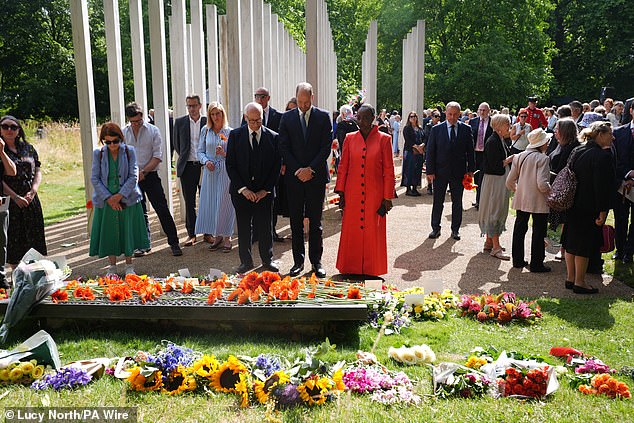 Gerald Oppenheim, the Prince of Wales and Thelma Stober attend a 7/7 memorial service at the 7 July Memorial Gardens in Hyde Park