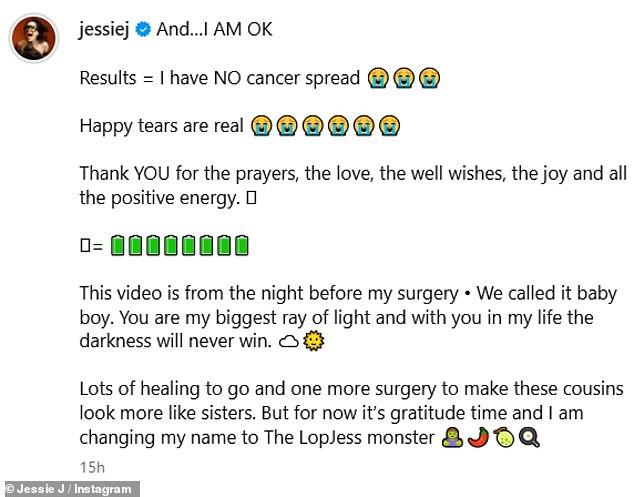 In the caption, she penned: 'AND.. I AM OK. Results = I have NO cancer spread. Happy tears are real', followed by several crying emojis