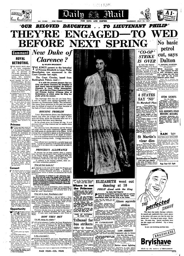 The Daily Mail front page from the 10th July 1947 announcing the engagement of Princess Elizabeth to Prince Philip