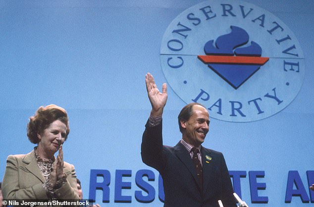 Norman Tebbit with Margaret Thatcher waving at a Conservative Party Conference in 1982