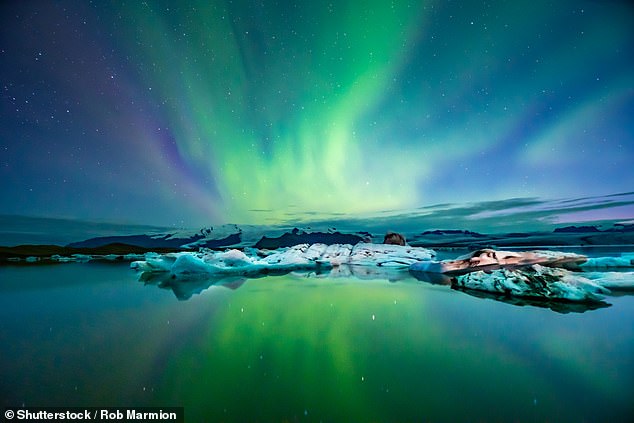 Iceland’s capital is one of the most popular places for tourists to head for the Northern Lights – with many dedicated tours heading out of Rejkavik. Above is the Glacier Lagoon
