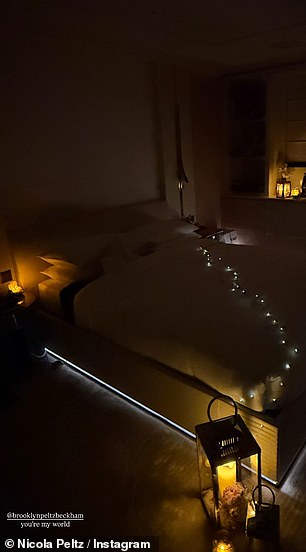 The eldest son of David and Victoria Beckham , 26, surprised Nicola with a romantic candle-lit bedroom and fairy lights spread across their bed