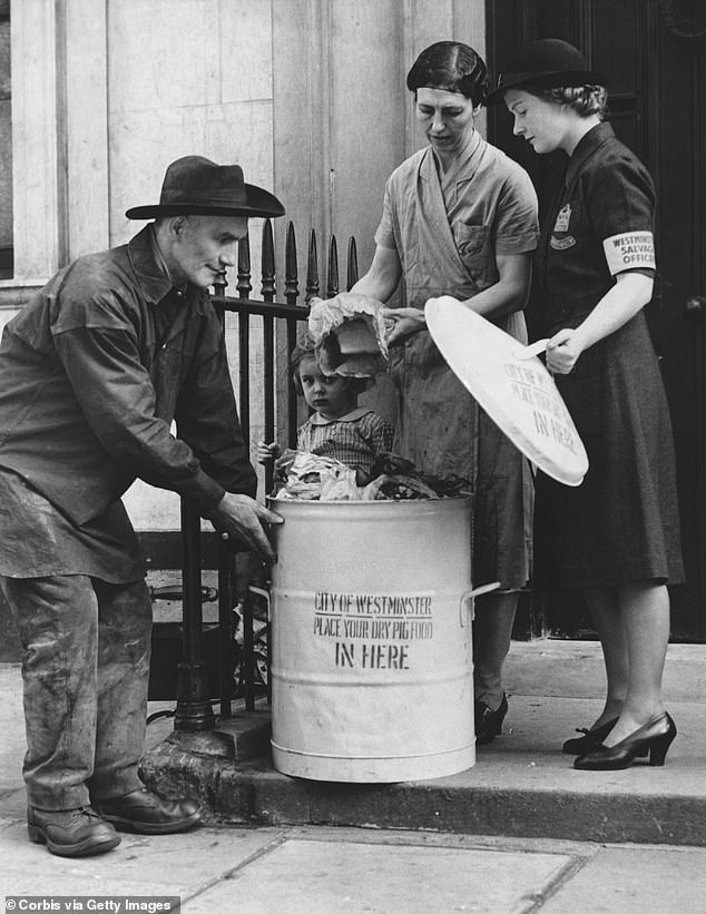 Collecting kitchen waste for pig food in London during WWII