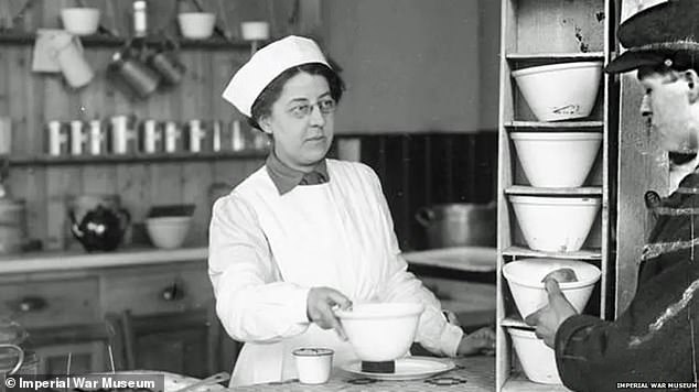 The government was keen to avoid the stigma of poverty associated with soup kitchen hand-outs, but also wanted to utilise the volunteer-run community kitchens springing up in working class communities to help deal with food shortages. Pictured: WW1 food kitchen