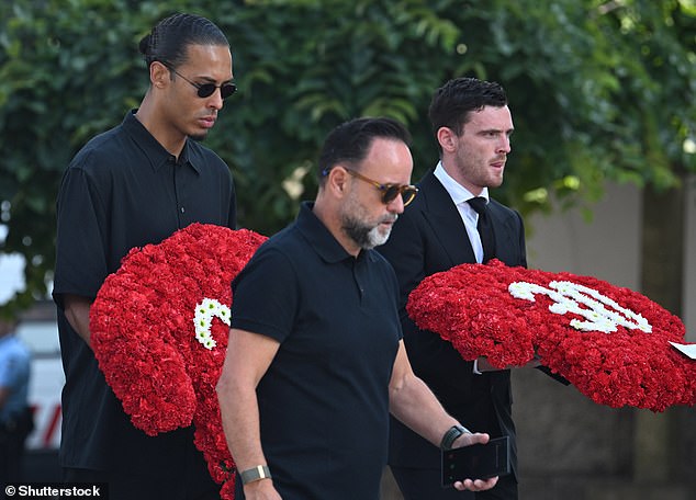 Virgil van Dijk (left) and Andrew Robertson (right) both carried wreaths for the brothers