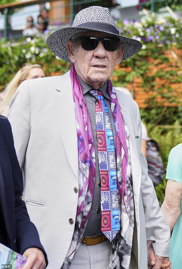 Lord Of The Rings star Sir Ian McKellen caught the eye in a colourful outfit as he arrived at the south-west London venue ahead of the tennis