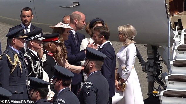 Emmanuel and Brigitte Macron are greeted by William and Kate at RAF Northolt this morning