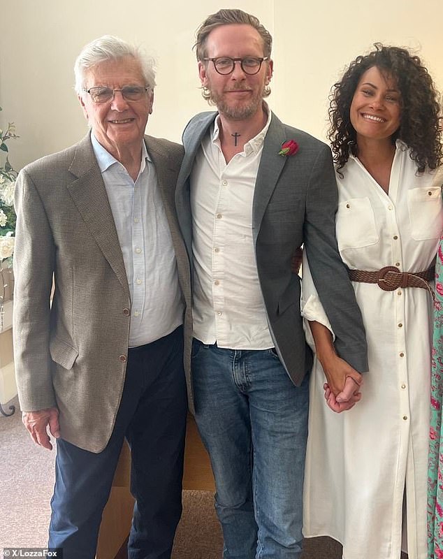 Fox posted photos following the registry office event including his actor father James Fox (left), wife Elizabeth