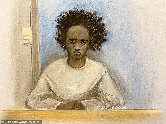 A court sketch of Axel Rudakubana appearing via videolink at Liverpool Crown Court during his trial
