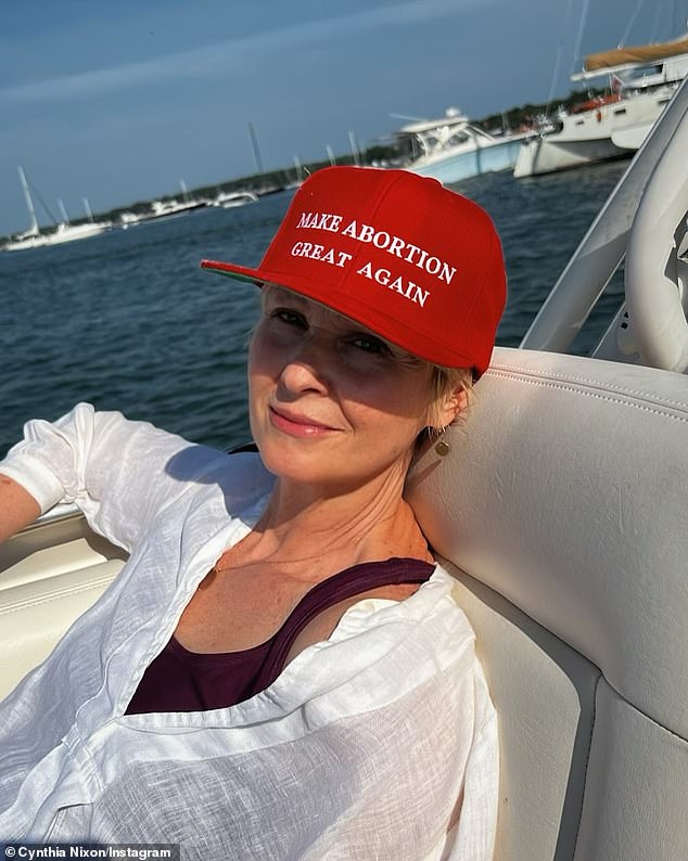 Meanwhile, two of the left's most vocal, insufferable celebrities cavalierly endorsed abortion — any amount, at any stage of pregnancy — as joyous. Last week, Cynthia Nixon (pictured) wore a 'Make Abortion Great Again' hat and posted a snap on social media.