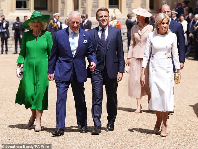 Camilla, Charles and the Macrons at the ceremonial welcome at Windsor Castle today