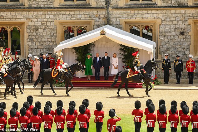 Camilla, Charles and the Macrons at the ceremonial welcome at Windsor Castle today