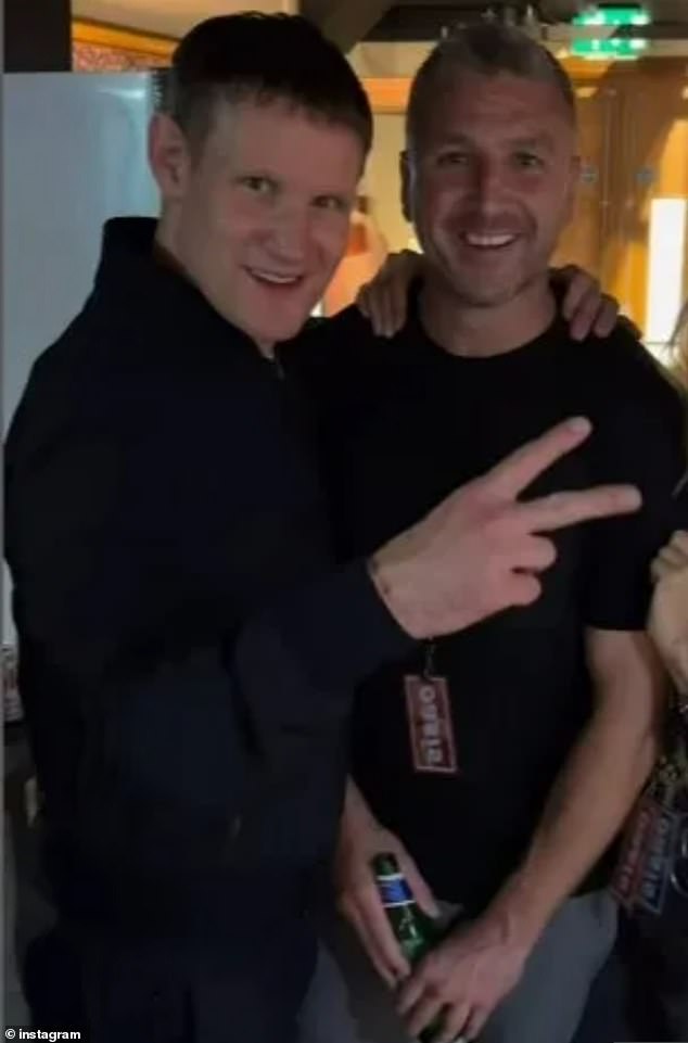 The Scots crook, who was sporting a VIP badge to the exclusive shindig, also posed alongside former Time Lord Matt Smith (seen left)