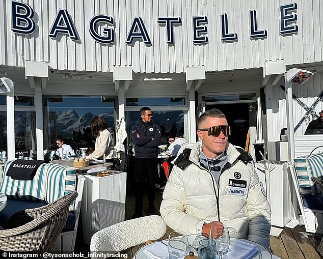 Scholz posted pictures of himself in the French Alps dog sledding and dining at high-end restaurants