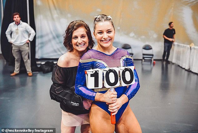 Retton is seen posing with her daughter McKenna Kelley at the 2019 NCAA championships, who sparked backlash in 2023 by announcing they were accepting donations to cover her mother¿s medical bills shortly after Retton returned home from the hospital