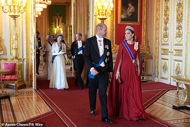 Pictured: The Prince and Princess of Wales, followed by the Princess Royal and Duke and Duchess of Edinburgh