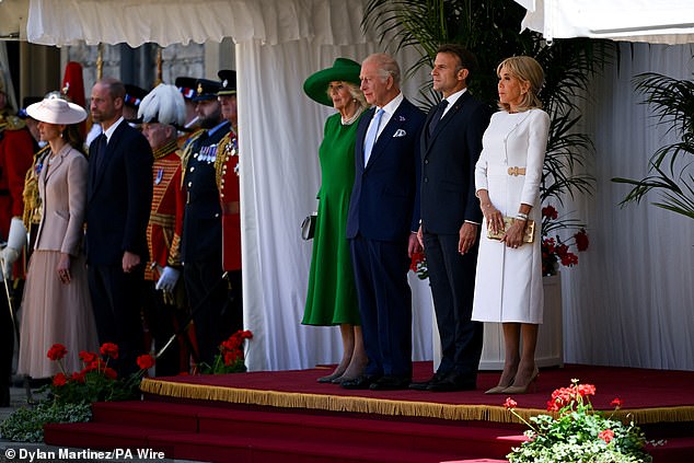 Queen Camilla, King Charles III, President Emmanuel Macron and Brigitte Macron today