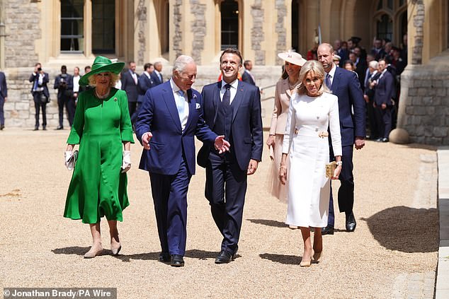 Camilla, Charles and the Macrons at the ceremonial welcome at Windsor Castle today