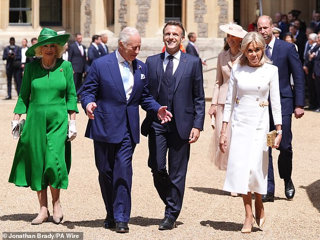 Camilla, Charles and the Macrons at the ceremonial welcome at Windsor Castle today