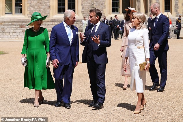 Camilla, Charles and the Macrons at the ceremonial welcome at Windsor Castle today