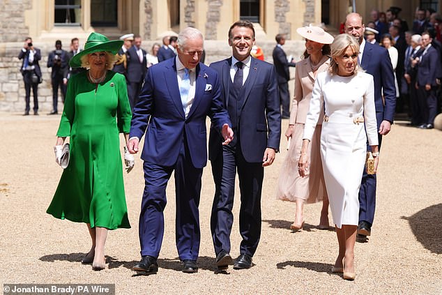 Camilla, Charles and the Macrons at the ceremonial welcome at Windsor Castle today