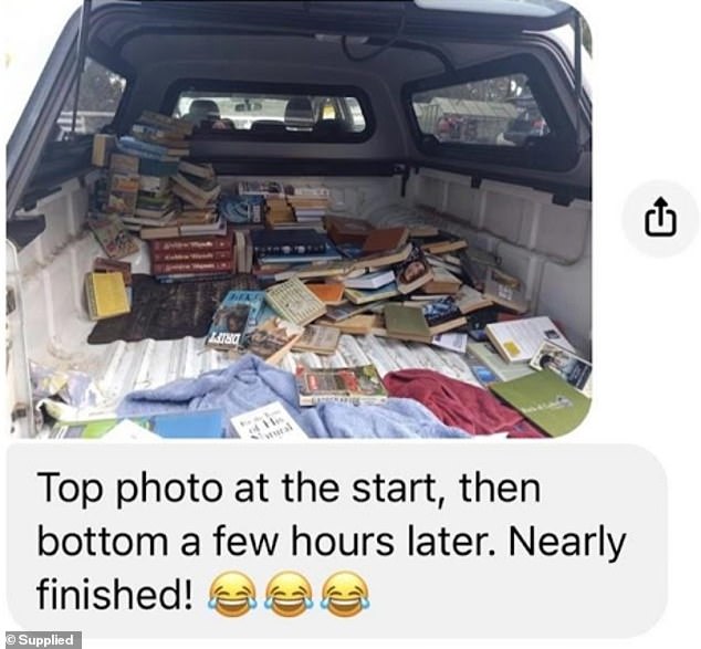 Erin's text after clearing out books from her mother's Eden house, which she then packed into a van and drove back to Victoria before building the house where she committed mass murder