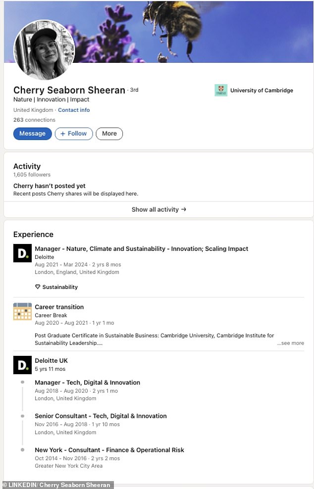 The screenshot revealed that Cherry, who met Ed when they were teenagers, has spent years working as a Manager at Deloitte
