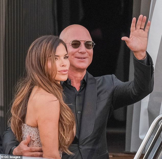 The Bezos-Sanchez $20million Italian wedding featured 200 guests, including celebrities like DiCaprio, Kim Kardashian and Ivanka Trump; the couple seen on June 28