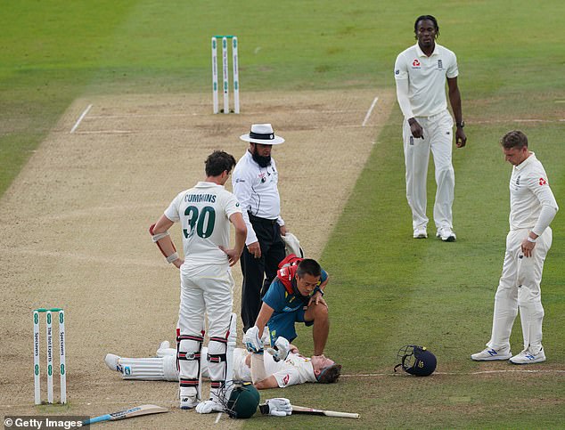 Steve Smith lies stricken on the Lord's turf after being smashed in the head by an Archer bouncer in 2019