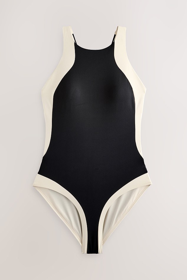 Next¿s black and white panelled tummy control one piece (£36, next.co.uk)