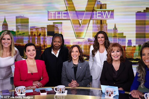 Kamala Harris is pictured in studio at ABC during a break in the recording of the show with hosts, from left, Sara Haines, Ana Navarro, Whoopi Goldberg, Alyssa Farah Griffin, Joy Behar and Sunny Hostin on October 8, 2024