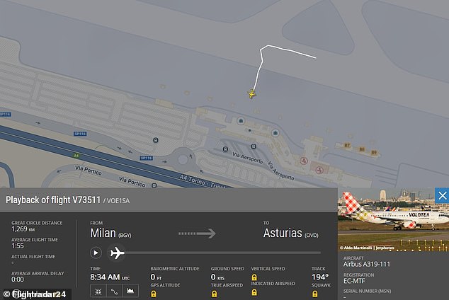 Flightradar24 data shows flight V73511 from Milan to Austurias was on the move for only one minute and 55 seconds before the accident occurred