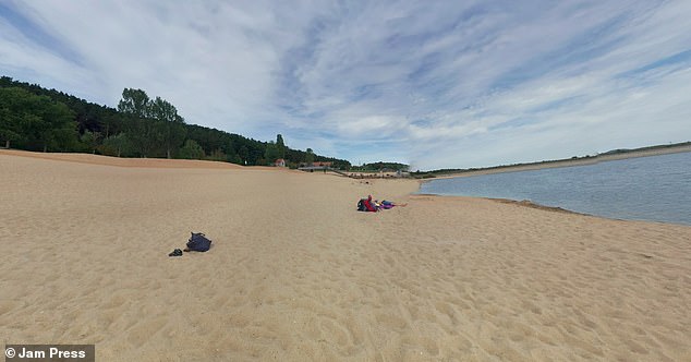 Days later, it transpired that the policeman had not managed to kill the catfish as none of the three bullets had penetrated its skin. Instead, they had most likely merely stunned the fish, leaving fishermen to administer the final blow roughly 40 minutes later. Pictured: The Burning Beach at Lake Brombach, Bavaria