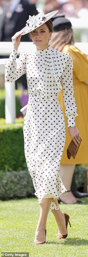 The princess's white polka dot neck tie £2405 Alessandra Rich gown at Ascot in 2022