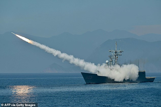 Taiwanese navy launches a US-made Standard missile from a frigate during drills in 2022