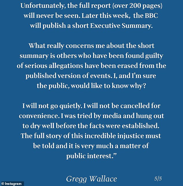 Gregg Wallace issued a lengthy statement on Instagram yesterday ahead of the publication of a report into his alleged misconduct - and a BBC News article detailing fresh allegations