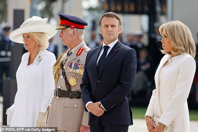 The Queen, King Charles, President Macron and his wife Brigitte at the memorial in June 2024