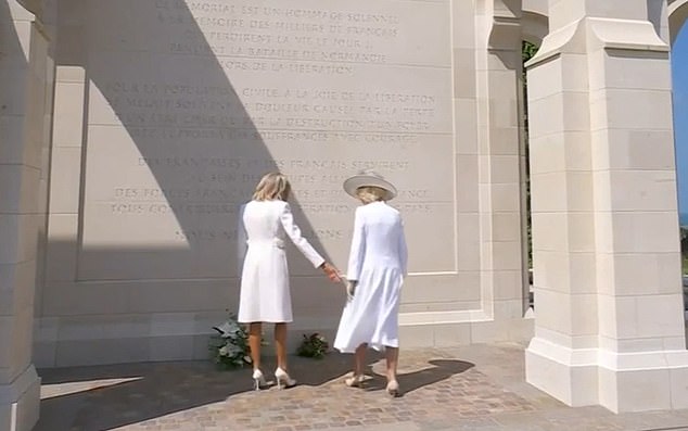 After placing their flowers at the British Normandy Memorial at Ver-sur-Mer in June 2024, the First Lady reached out to the Queen, but Camilla seemed somewhat reluctant to give her hand