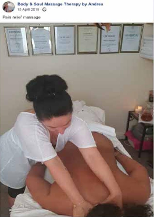 Unhappy ending: Ironically, she is seen giving someone deep neck rub with the caption 'pain relief massage'