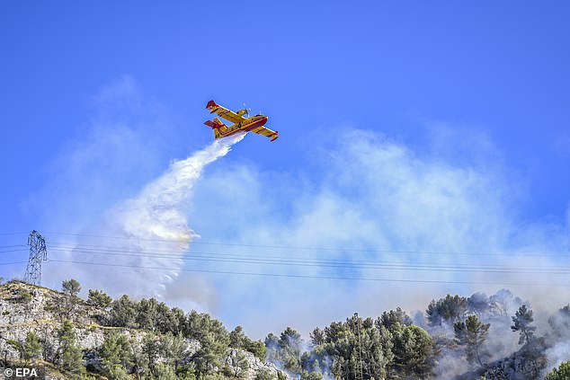 A plane drops water on a wildfire that rapidly expands due to strong winds near the city of Marseille