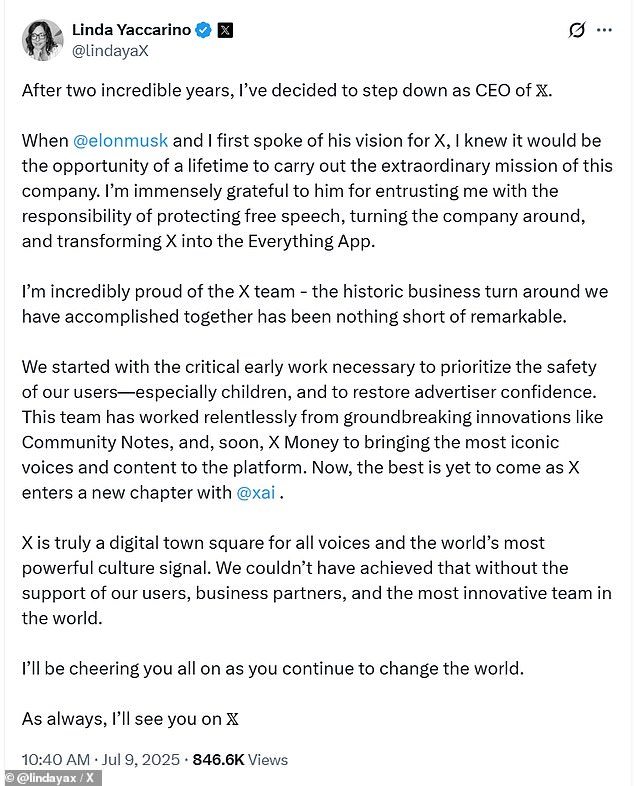 Yaccarino announced the news in an X post, thanking Elon Musk for entrusting her with 'the responsibility of protecting free speech' through the role