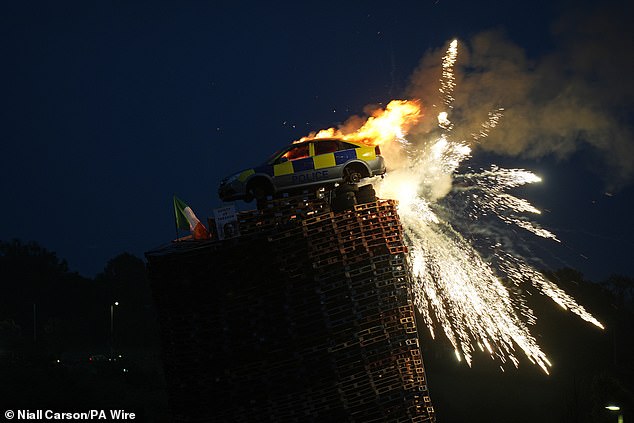 A mock police car seen set alight on top of a bonfire in Moygashel near Dungannon last year