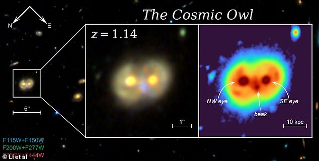 The collected images show that the Cosmic Owl consists of two interacting galaxies that have formed nearly identical collisional ring structures