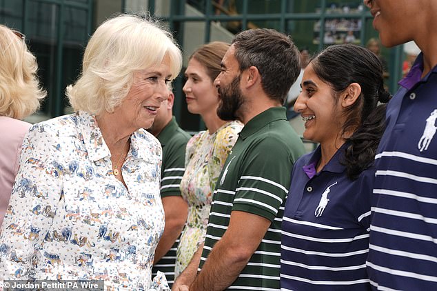 After a weekend of intermittent rain and occasional sunshine, guests at Wimbledon were treated to glorious 26 degree heat as they watch Novak Djokovic take on flamboyant Italian Flavio Cobolli in their quarter final second on Centre Court (Queen Camilla pictured)