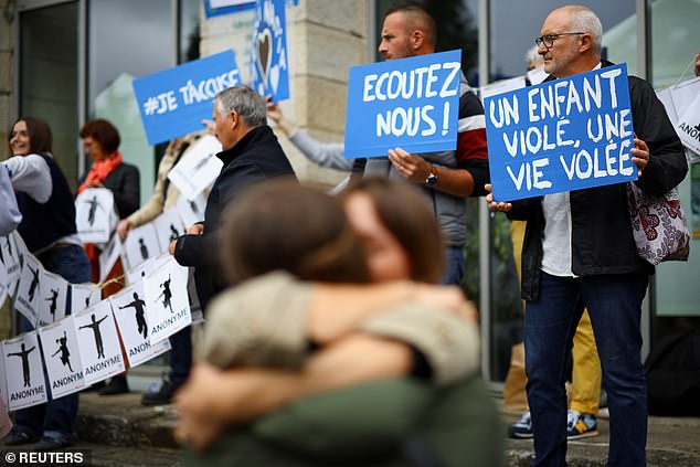 A group of alleged victims, members of women's collectives, NGO's and unions gather in front of the courthouse, on the day of the verdict of ex-surgeon Joel Le Scouarnec