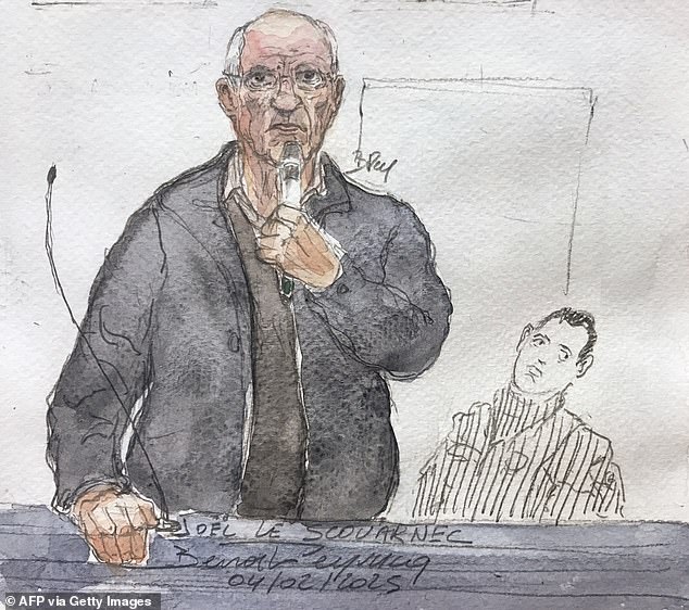 Le Scouarnec said: 'I am responsible for the deaths of Mathis Vinet, who died after an overdose in 2021' and Alan Roux, who was found hanged at his home in 2020 (court sketch from March)